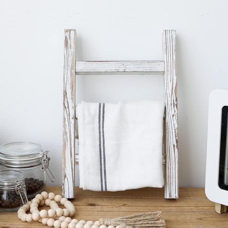 FUIN Wooden Tea Towel Ladder, Mini Ladder Towel Rack Display Hanger, Small Rustic Farmhouse Tea Towel Stand Holder for Country Bathroom Decor, White - Image 5